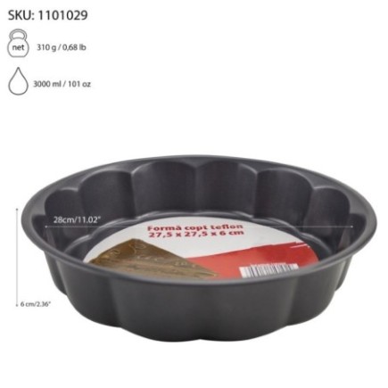 Formă de copt rotundă cu margini ondulate, oțel carbon cu strat antiaderent, pentru o coacerea uniformă a deserturilor, 28 cm 