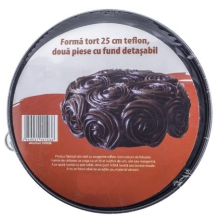 formă teflonată rotundă pentru copt tort în ambalaj transparent cu etichetă colorată