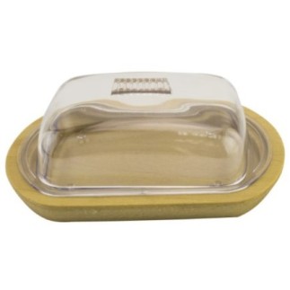 untieră cu capac din plastic transparent pe suport rustic din lemn