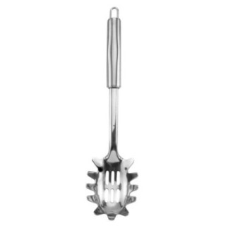 lingură mare din inox pentru servit spaghette cu perforații pentru scurgere și zimți laterali
