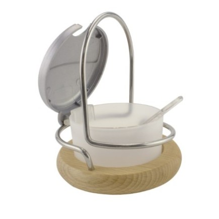 Zaharniță cu capac și linguriță pe suport lemn, design rustic și elegant perfectă pentru servirea zahărului, mierii sau dulceței