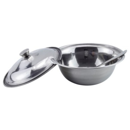 Bol inox cu capac și linguriță pentru sosuri și condimente, potrivit pentru servit zahăr, miere sau dulceață, diametrul 13 cm
