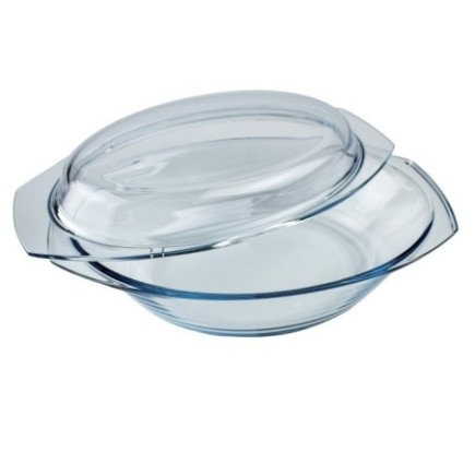 vas oval pentru copt din sticlă transparentă cu capac semi-deschis și mânere laterale integrate