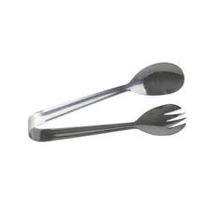 clește pentru servit salate cu o parte în formă de lingură și cealaltă de furculiță fabricat din inox