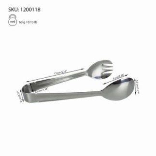 clește inox servire paste și salate reci cu specificații despre dimensiuni trasate prin săgeți