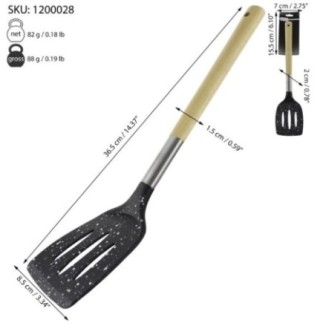 spatulă de bucătărie din plastic cu fante și mâner de lemn cu informații despre dimensiuni și ambalaj
