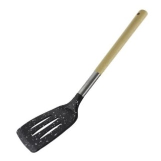 spatulă pentru întors carnea în tigaie cu perforații de scurgere și mâner din lemn