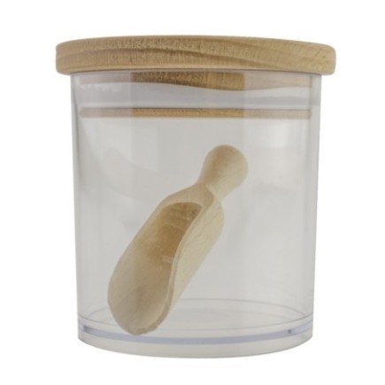 borcan din plastic transparent cu linguriță pentru dozat condimente și capac din lemn