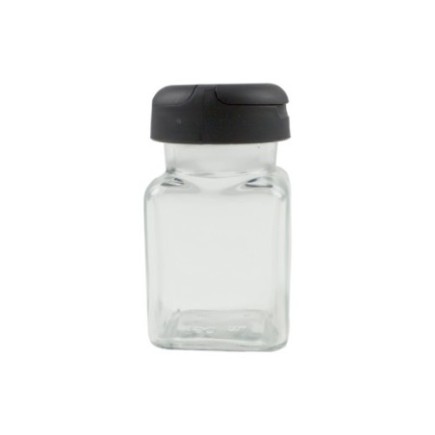 borcănaș mic din sticlă cu capac din plastic negru pentru condimente