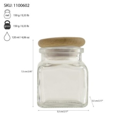 Borcan pentru depozitat condimente și mirodenii, recipient din sticlă cu capac etanș din lemn, 120 ml
