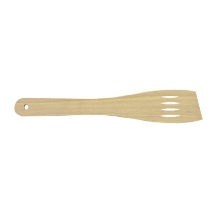 Spatulă de bucătărie din lemn natural, ideală pentru gătit și amestecat fără a zgâria vasele, îngustă, cu fante de scurgere