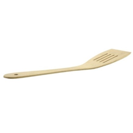 Spatulă de bucătărie din lemn natural, ideală pentru gătit și amestecat fără a zgâria vasele, lată, cu fante de scurgere