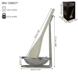 suport vertical din inox pentru lingură de gătit cu informații despre dimensiuni ambalaj și greutate