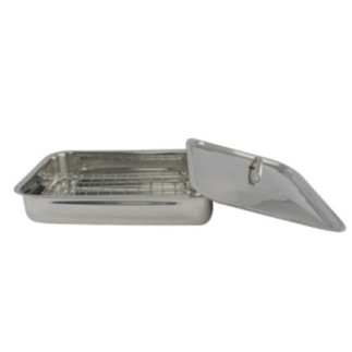 Tavă pentru cuptor cu grilaj detașabil și capac, dreptunghiulară din inox, ideală pentru fripturi fragede și suculente