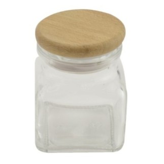 borcan mic din sticlă cu capac din lemn pentru condimente