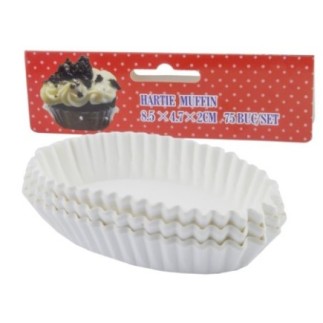 set de hârtii ovale albe cu margini ondulate pentru copt muffins stivuite în fața etichetei