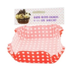 set 30 hârtii roșii pentru copt muffin pătrate cu buline albe