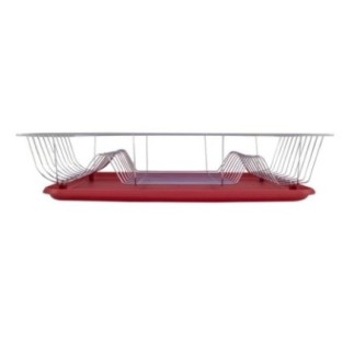 suport pentru uscat vase compus din rastel din inox și tavă roșie din plastic pentru colectarea apei