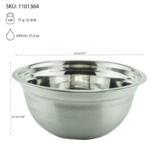 bol rotund de 14 cm din inox cu greutate capacitate și dimensiuni afișate vizual prin săgeți