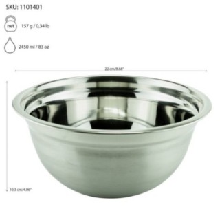 bol rotund din inox cu dimensiuni greutate și capacitate afișate vizual prin săgeți