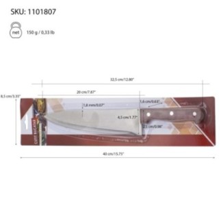 cuțit de bucătărie cu lamă de inox și mâner din lemn în ambalaj de carton și plastic