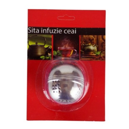 sită pentru infuzat ceai din inox în ambalaj blister cu etichetă colorată din carton