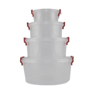 set de 4 caserole rotunde de mărimi diferite din plastic transparent cu capace cu închidere cu clame