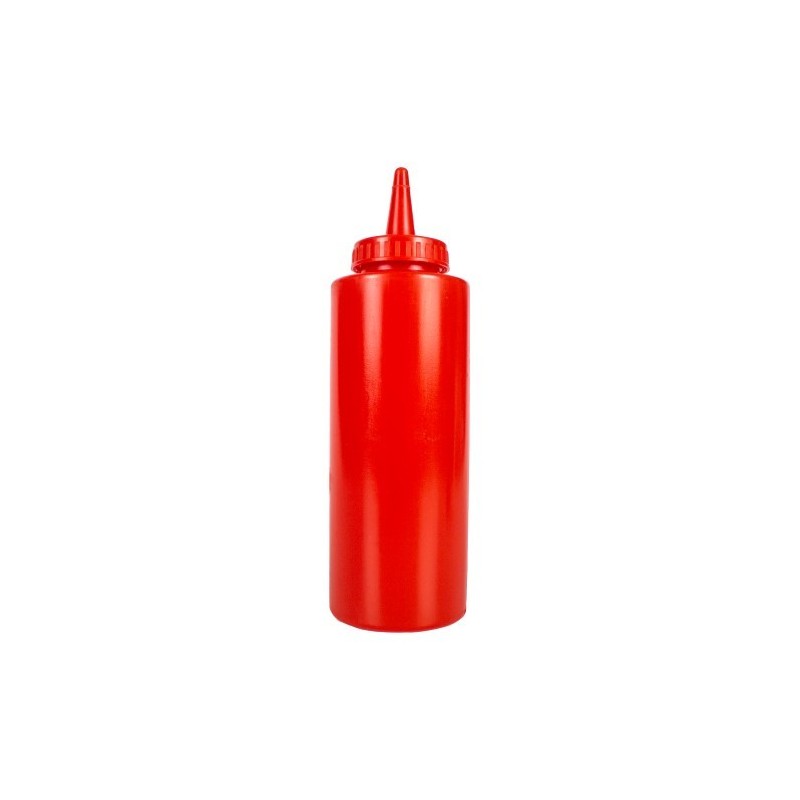 Flacon pentru dozat sosuri din plastic roșu cu capac filetat și duză subțire pentru o turnare controlată prin stoarcere 350 ml