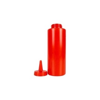 Flacon pentru dozat sosuri din plastic roșu cu capac filetat și duză subțire pentru o turnare controlată prin stoarcere 350 ml