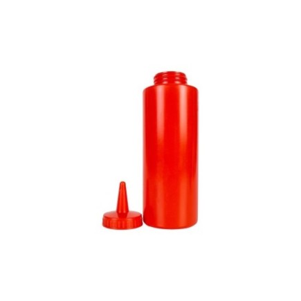 Flacon pentru dozat sosuri din plastic roșu cu capac filetat și duză subțire pentru o turnare controlată prin stoarcere 350 ml