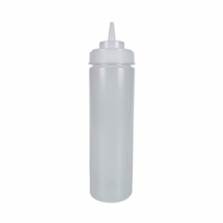 flacon pentru sos maioneză din plastic alb care se strânge în mână cu capac filetat cu duză îngustă