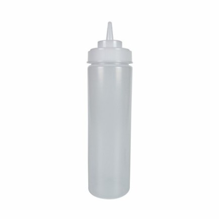 flacon pentru sos maioneză din plastic alb care se strânge în mână cu capac filetat cu duză îngustă