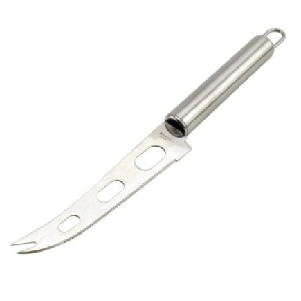cuțit pentru feliat brânză moale cu lamă zimțată și perforată cu două vârfuri din inox