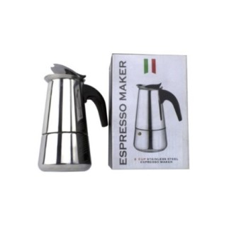 espresor moka clasic din inox pentru 2 espresso italian lângă cutia în care este ambalat