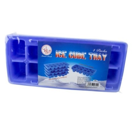 set 4 tăvi pentru cuburi de gheață din plastic albastru în ambalaj cu etichetă colorată