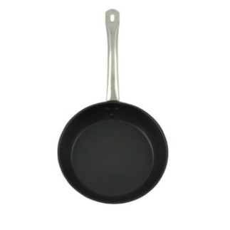 tigaie din inox cu interior negru teflonat și mâner cu orificiu pentru agățat