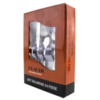 set de tacâmuri din inox linguri cuțite furculițe și lingurițe ambalate în cutie colorată din carton