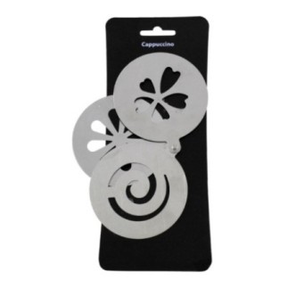 set 3 șabloane din inox pentru decor cafea sau cappuccino cu etichetă neagră din carton