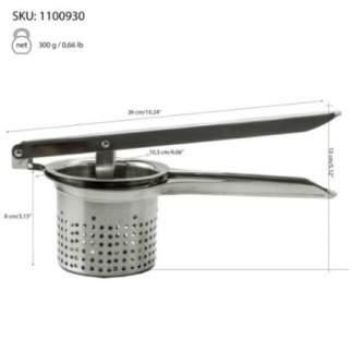 presă de cartofi din inox cu informații despre dimensiuni marcate prin săgeți