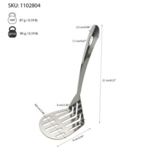 zdrobitor din inox pentru piure cu specificații despre greutate și dimensiuni