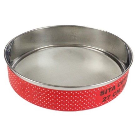 sită pentru cernut făină rotundă din inox de 27 cm cu etichetă roșie cu buline albe