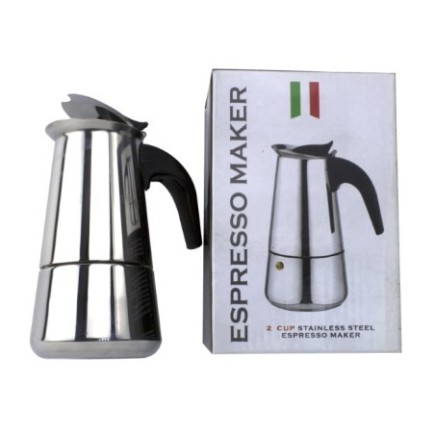 espresor moka clasic din inox pentru 6 espresso italian lângă cutia în care este ambalat