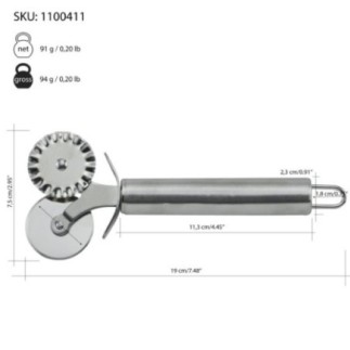feliator pentru aluat din inox cu două roți tăietoare una netedă și una zimțată și specificații despre dimensiuni