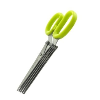 Foarfecă de bucătărie cu 5 lame din inox pentru tăiere rapidă a salatei, verdețurilor sau a ierburilor aromatice, verde