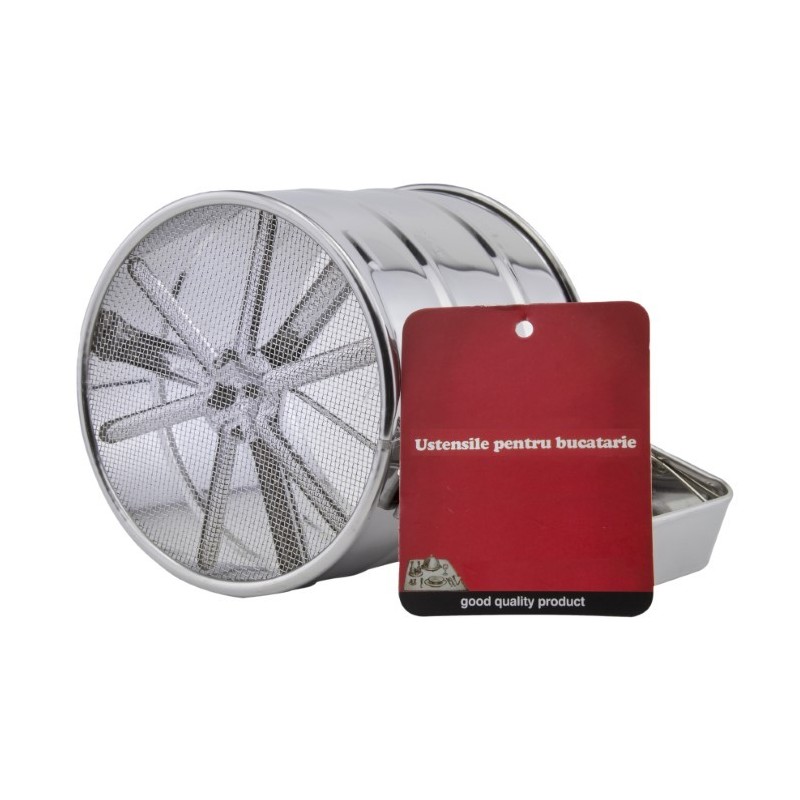 Cană din inox cu sită fină și mâner cu mecanism cu arc pentru cernut făină fără cocoloașe, accesoriu esențial pentru patiserie