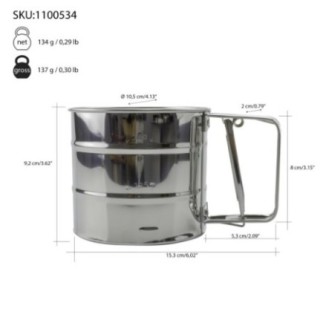 cană din inox pentru cernut cu informații despre greutate și dimensiuni