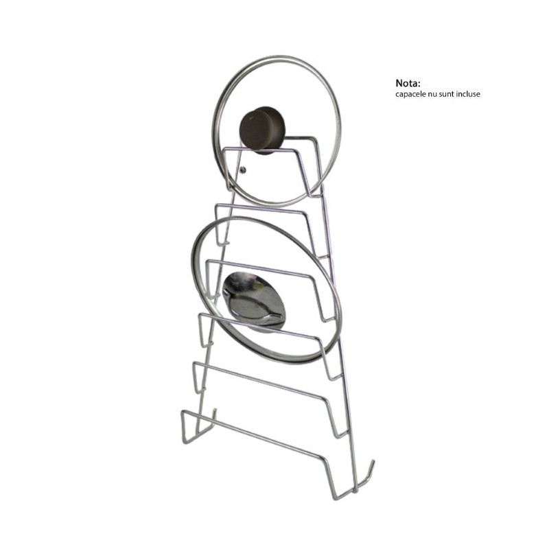 Suport inox vertical pentru șase capace de oale, montaj pe perete, o soluție practică pentru economisirea spațiului în bucătărie Suport inox vertical pentru șase capace de oale, montaj pe perete, o soluție practică pentru economisirea spațiului în bucătărie