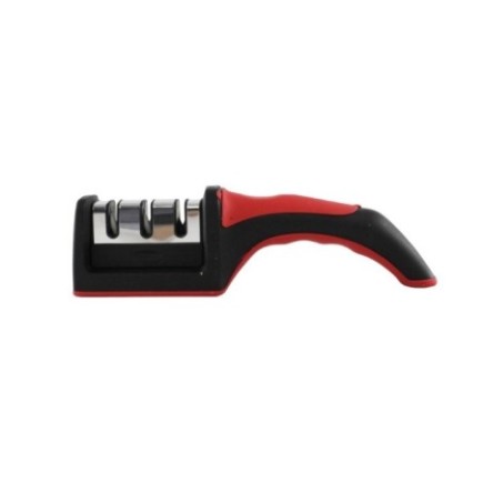 ascuțitor de cuțite cu 3 fante de granulație diferită și mâner ergonomic negru cu roșu
