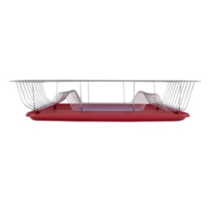 suport pentru uscat vase compus din rastel din inox și tavă roșie din plastic pentru colectarea apei