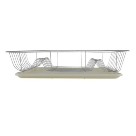 suport pentru uscat vase cu grilaj metalic și tavă de plastic crem pentru scurgerea apei